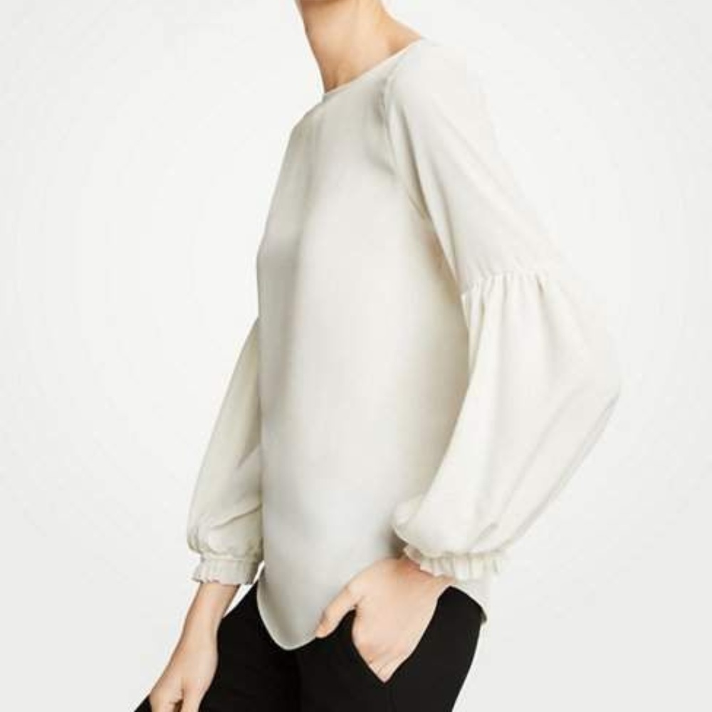 Ann Taylor White Ruffle Balloon Sleeve Blouse XS